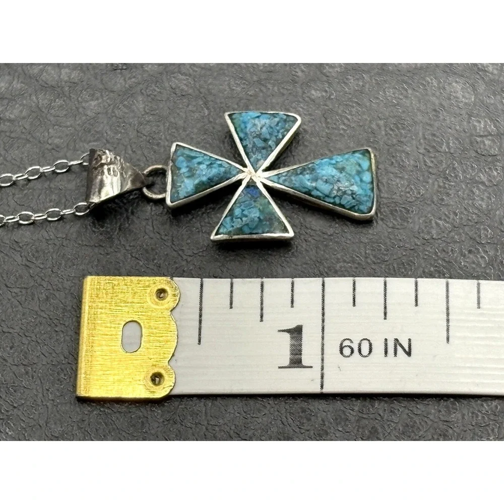 Vintage Sterling Silver Mexico Turquoise Inlay Cross Pendant 15